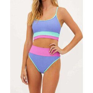 BEACH RIOT Emmy High Waist Bikini Bottom Medium Purple High Tide Colorblock NWT